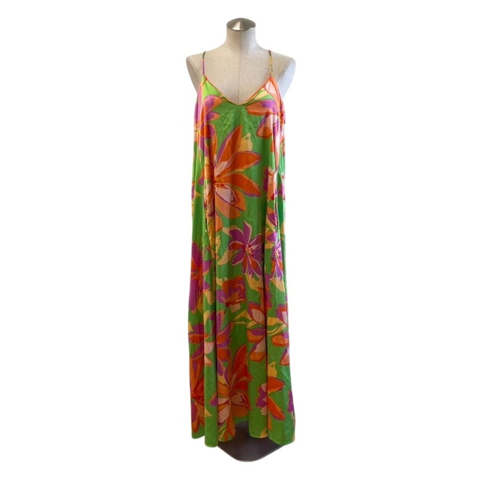Tahari ASL Maxi Dress Womens L Green Floral Satin Slip Pockets Tropical Bold